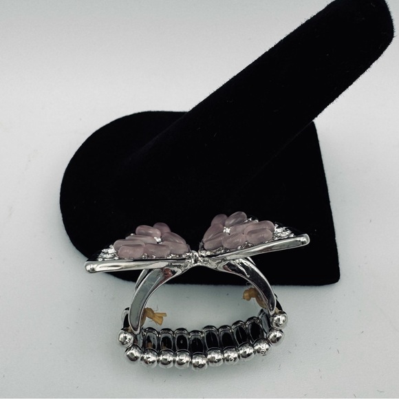 PINK Butterfly Rhinestone Ring Silver Tone Size Adjustable Stretch Bug Insect - Picture 7 of 8